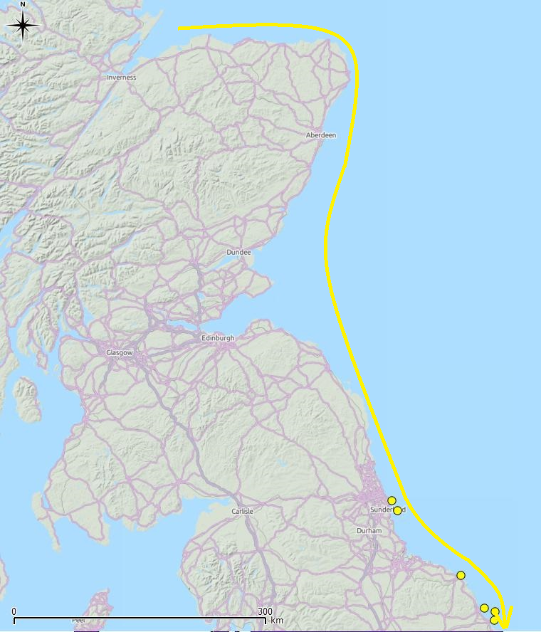 Map displaying probable route taken by the dolphins while travelling from Moray Firth (top) to the Yorkshire coast.