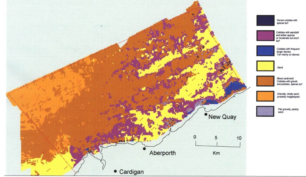 Sediment types in Cardigan Bay SAC. The bottlenose dolphins favour areas of mixed substrate – fine sand and rocky reefs 