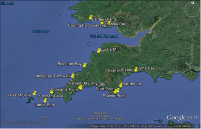 Map highlighting hot spots for viewing Common dolphins from august 2016-present. Created by Julie Hanks 