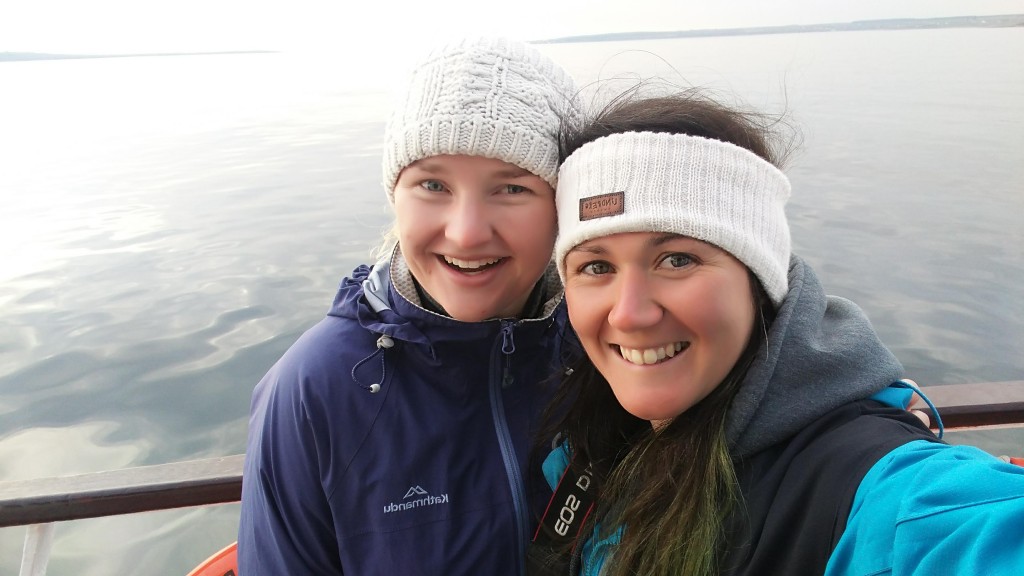 Tara McCallahan and Chloe Robinson on the ferry boat full of energy and excitement for the sighting of orcas. 