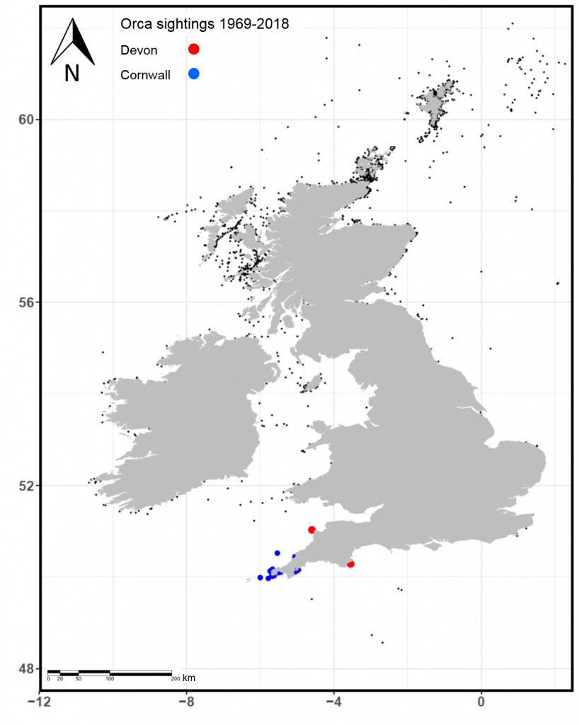 Map of the British Isles showing sightings of orcas from 1969 to 2018 collected by Sea Watch Foundation. Red circles indicate sightings of orcas off Devon, blue circles off Cornwall.