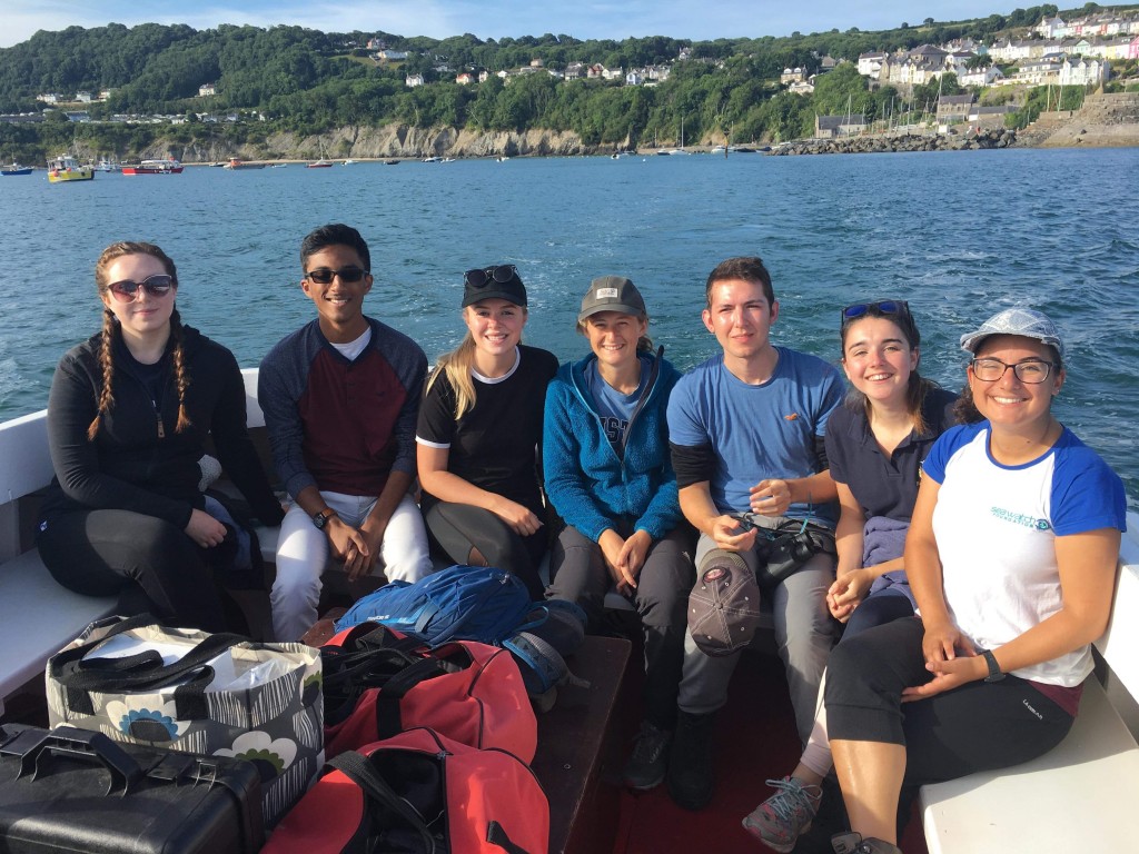 Myself and the period 3 research interns on boat-survey in Cardigan Bay. Photo credit: Natasha Hunt. 