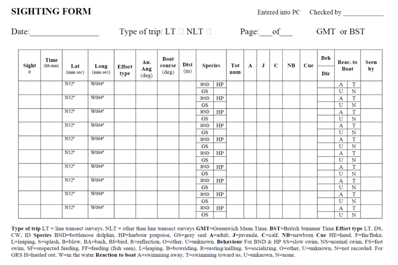 Sightings form/ Sea Watch Foundation